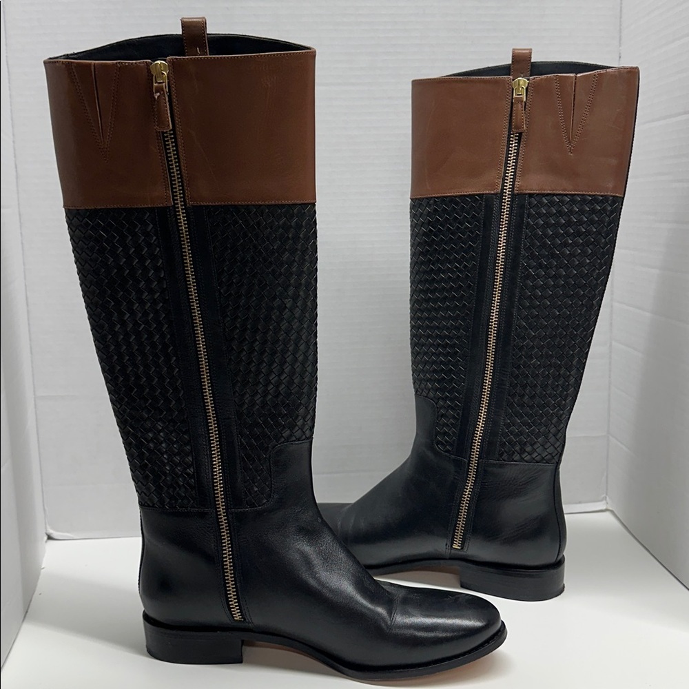 Cole Haan Brennan Riding Boots Tall Side Zip Braided Leather Black Brown Size 8 - Picture 7 of 9